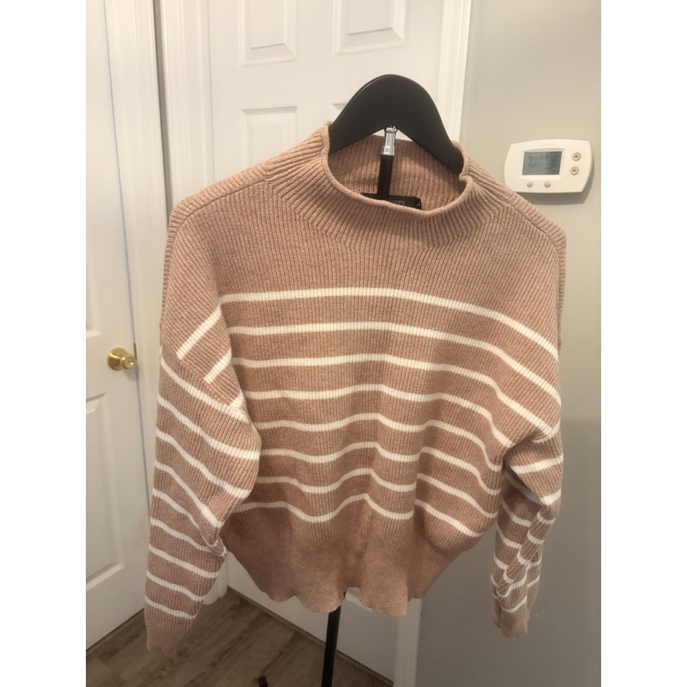 MEROKEETY Mauve Striped Mock Neck Pullover Sweater Ribbed Knit Size L Transition